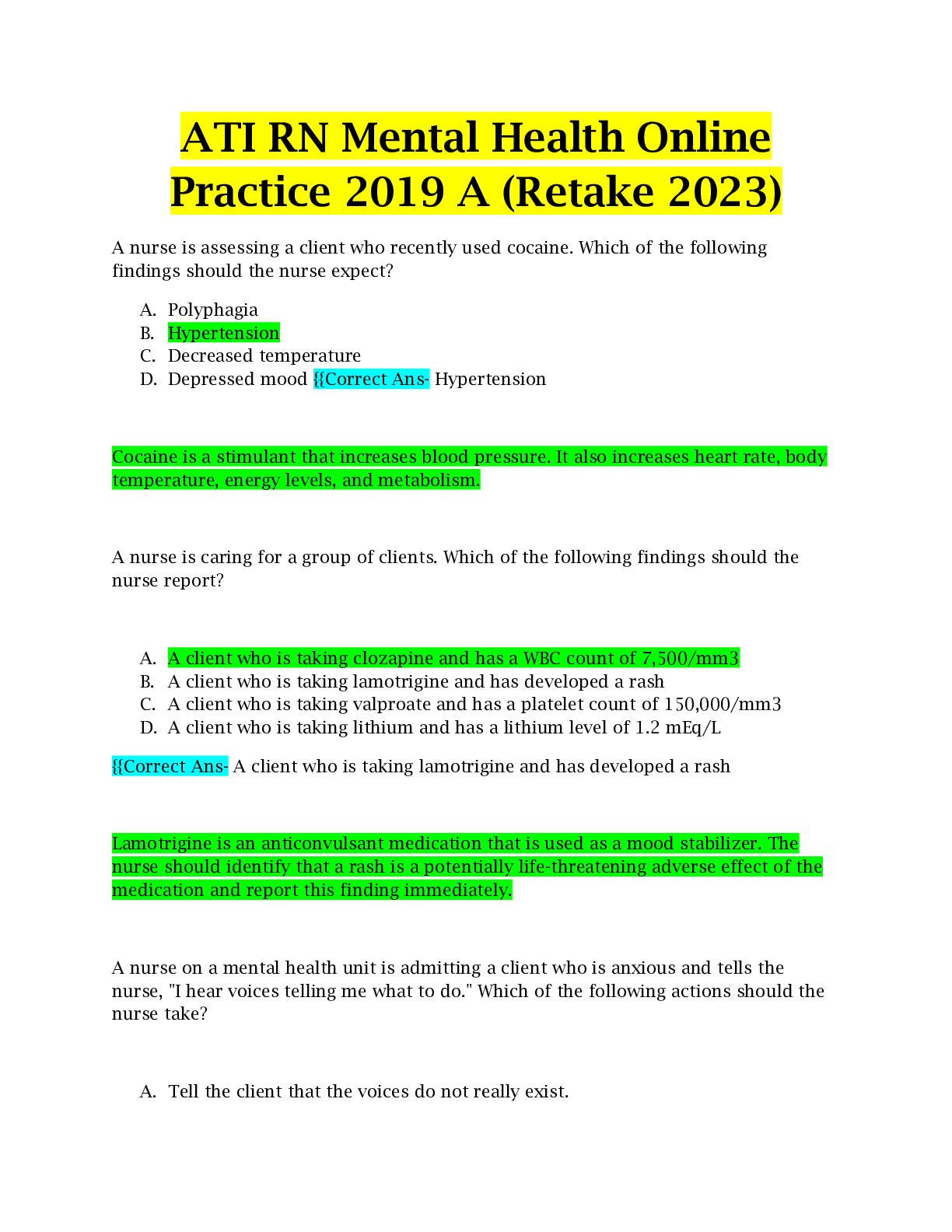 ATI RN Mental Health Online Practice 2022 A & B Q and A